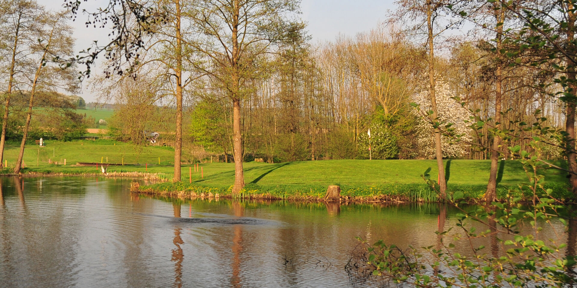 Wasser und ein Grün mit Fahne auf dem BvM-Platz in Schwöbber, eingerahmt von Bäumen.
